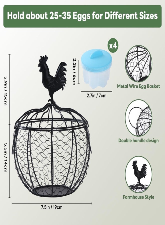 Vukehon Farmhouse Rooster Egg Basket for Fresh Eggs, Black Metal Wire Egg Holder, Holds 25-35 Eggs, Rustic Kitchen Countertop Decor with Removable Lid & Handles - Bonus Set of 4 Silicone Egg Poachers - Image 3